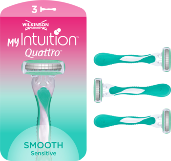 Maszynka Wilkinson My Intuition Quattro biało-turkusowa, 4-ostrzowa sensitive i 3 wkłady, z przodu.