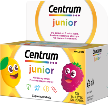 Centrum Junior, witaminy dla dzieci, żółto-białe pudełko z uśmiechniętą cytryną i maliną, widok z przodu pod kątem.