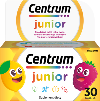 Dwa żółte opakowania Centrum Junior, suplement diety z witaminami dla dzieci, z cytryną i maliną, widok z przodu.