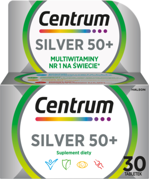 Centrum Silver 50+ multiwitamina w srebrnym opakowaniu, widok z przodu, dwa pudełka jedno na drugim.