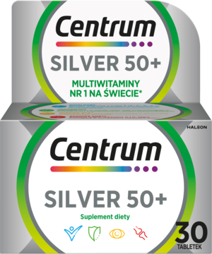 Centrum Silver 50+ multiwitamina w srebrnym opakowaniu, widok z przodu, dwa pudełka jedno na drugim.