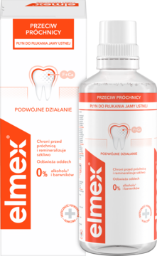 elmex Płyn Przeciw Próchnicy z aminofluorkiem, biało-pomarańczowa butelka i pudełko, 0% alkoholu.