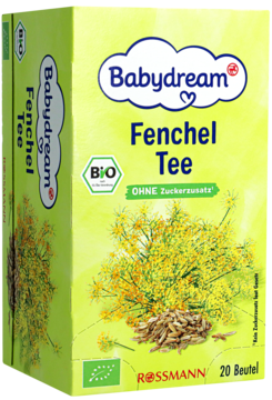 Herbatka z kopru włoskiego BIO Babydream, bez cukru, w zielonym pudełku z grafiką kopru, widok 3/4.