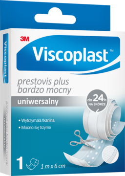 Plaster Viscoplast Prestovis Plus bardzo mocny, z wytrzymałej tkaniny, w biało-niebieskim opakowaniu, przód.