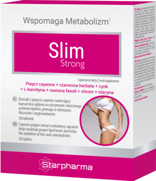 Biało-różowe opakowanie Slim Strong Suplement diety, z pieprzem cayenne, wspiera metabolizm, ze smukłą kobietą.