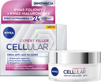 Krem Nivea Cellular Expert Filler anti-age w białym pudełku i słoiczku, z napisem SPF 15 i kwas hialuronowy.
