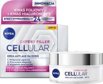 Krem Nivea Cellular Expert Filler anti-age w białym pudełku i słoiczku, z napisem SPF 15 i kwas hialuronowy.