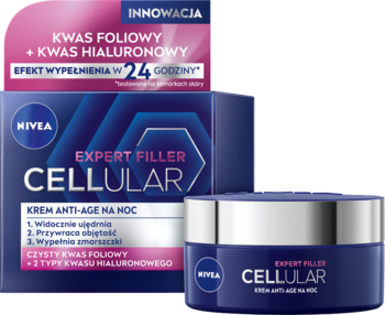 NIVEA Cellular Expert Filler anti-age na noc, ciemnoniebieski słoiczek i pudełko z kwasem foliowym i hialuronowym.