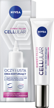 NIVEA Expert Filler Cellular krem do konturowania oczu i ust, biała tubka obok kartonika, widok z przodu.