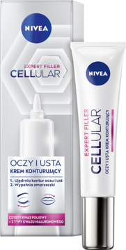 NIVEA Expert Filler Cellular krem do konturowania oczu i ust, biała tubka obok kartonika, widok z przodu.