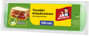 Zielona rolka zawiązywanych torebek śniadaniowych Jan Niezbędny, 100 sztuk, z grafiką kanapki na etykiecie.