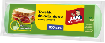 Zielona rolka zawiązywanych torebek śniadaniowych Jan Niezbędny, 100 sztuk, z grafiką kanapki na etykiecie.