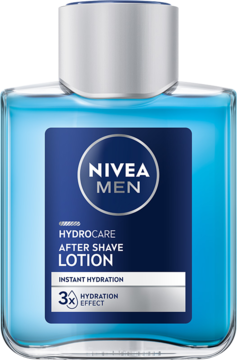 NIVEA MEN Hydrocare nawilżająca woda po goleniu w prostokątnej, niebieskiej butelce ze srebrną nakrętką, widok frontalny.