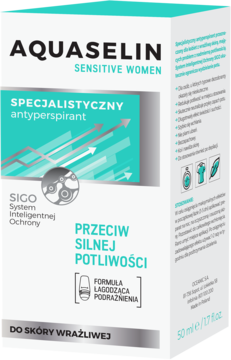 Białe opakowanie Aquaselin Sensitive Women, specjalistyczny antyperspirant na silną potliwość, 50ml, widok z przodu.