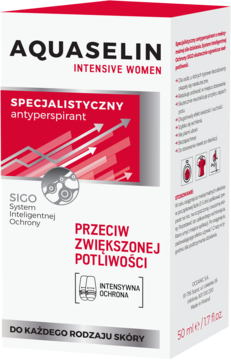 Biało-czerwone pudełko antyperspirantu Aquaselin Intensive Women, specjalistycznego na zwiększoną potliwość.