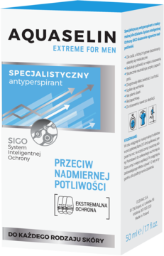 Aquaselin Extreme for Men, specjalistyczny antyperspirant w białym opakowaniu z niebieskimi elementami, widok z przodu.