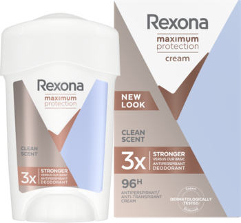 Rexona Maximum Protection Clean Scent, antyperspirant w białym sztyfcie i kartonie, przód, 96h ochrony.