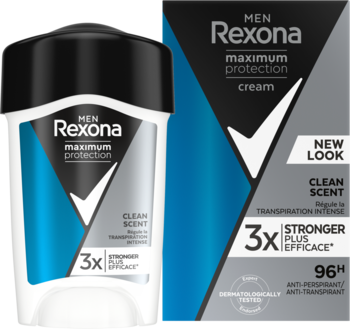 Rexona Men Maximum Protection Clean Scent 96h, biały antyperspirant w sztyfcie i szare pudełko z błękitnym akcentem.