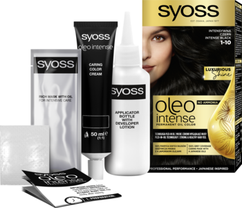 Zestaw farby do włosów Syoss Oleo Intense 1-10 Intensywna Czerń. Widać pudełko, tubki i butelkę z olejkiem.