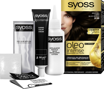 Zestaw farby Syoss Oleo Intense 2-10 Brązowa Czerń: krem, butelka aktywatora, odżywka, rękawiczki i pudełko.
