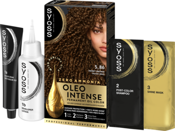 Farba Syoss Oleo Intense Słodki Brąz 5-86, trwała koloryzacja bez amoniaku, pełny zestaw produktów na białym tle.