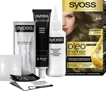 Syoss Oleo Intense farba do włosów 6-10 Ciemny Blond, zestaw: pudełko, tubki, butelka, saszetka. Bez amoniaku.