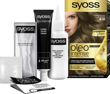 Syoss Oleo Intense farba do włosów 6-10 Ciemny Blond, zestaw: pudełko, tubki, butelka, saszetka. Bez amoniaku.
