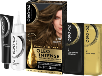 Syoss Oleo Intense Ciemny Blond 6-10, trwała farba do włosów bez amoniaku w zestawie, widok lekko z góry.