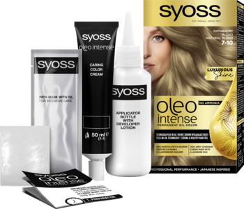Zestaw koloryzacji Syoss Oleo Intense Natural Blond 7-10, bez amoniaku, z tubką i butelką obok pudełka.