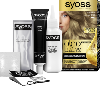 Zestaw koloryzacji Syoss Oleo Intense Natural Blond 7-10, bez amoniaku, z tubką i butelką obok pudełka.