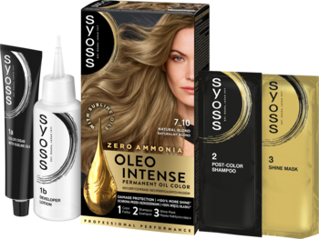 Zestaw Syoss Oleo Intense 7-10 Natural Blond farby olejowej bez amoniaku: pudełko, tuby i saszetki.