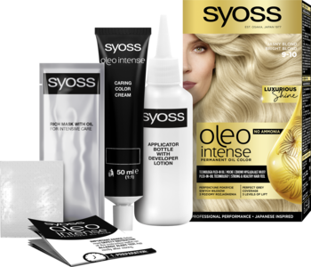 Syoss Oleo Intense Jasny Blond 9-10 farba do włosów w pudełku i rozłożony zestaw do koloryzacji.