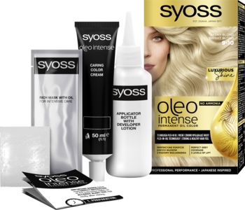 Syoss Oleo Intense Jasny Blond 9-10 farba do włosów w pudełku i rozłożony zestaw do koloryzacji.