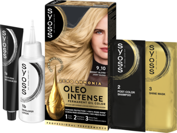 Farba do włosów Syoss Oleo Intense Jasny Blond 9-10. Kompletny zestaw koloryzacji na białym tle.