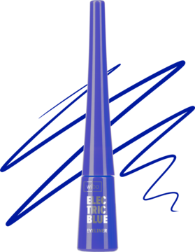 Intensywny kobaltowy eyeliner Wibo Electric Blue w stożkowej butelce z niebieskimi kreskami na czarnym tle.
