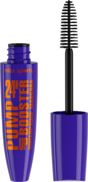 Fioletowa mascara Miss Sporty Pump Up Booster Waterproof, otwarta butelka z pomarańczowym napisem i aplikator obok.