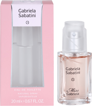 Damska woda toaletowa Gabriela Sabatini Miss Gabriela, szklana butelka i różowe pudełko.