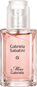 Kobieca woda toaletowa Gabriela Sabatini Miss Gabriela, różowy płyn w szklanej butelce, widok z przodu.