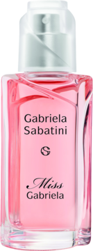 Damska woda toaletowa Gabriela Sabatini Miss Gabriela w przezroczystej butelce z różowym płynem, widok z przodu.