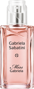Różowa woda toaletowa Gabriela Sabatini Miss Gabriela w szklanej butelce, z widocznymi napisami.