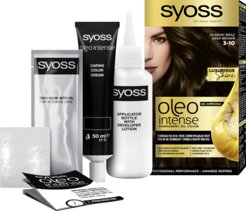 Zestaw farby do włosów Syoss Oleo Intense Głęboki Brąz 3-10 z pudełkiem i rozłożonymi akcesoriami.