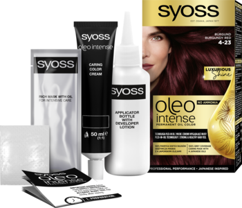Zestaw farby do włosów Syoss Oleo Intense 4-23 Burgund Red, widok pudełka i rozłożonych tubek, bez amoniaku.