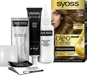 Zestaw farby Syoss Oleo Intense 6-80 Orzechowy Blond z tubką i butelką, widok z przodu.