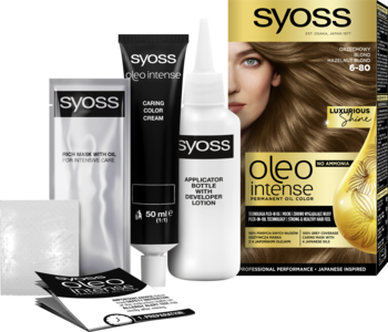 Zestaw farby Syoss Oleo Intense 6-80 Orzechowy Blond z tubką i butelką, widok z przodu.