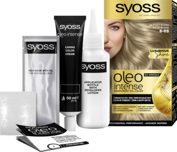 Rozłożony zestaw farby Syoss Oleo Intense 8-05 Beżowy Blond: tubka, butelka, saszetka i pudełko obok.
