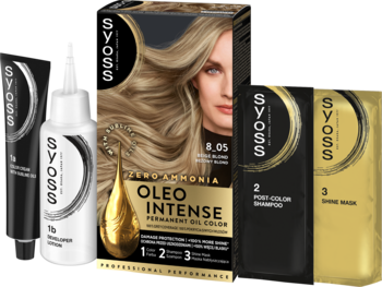 Syoss Oleo Intense 8-05 Beżowy Blond: zestaw trwałej farby bez amoniaku, z pudełkiem, tubką, butelką, saszetkami, na białym tle.