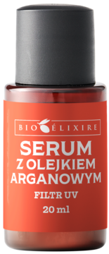Serum z olejkiem arganowym Bioelixire, ciemna butelka z pomarańczową etykietą i czarną nakrętką, napis Filtr UV.