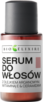 Bioelixire Serum do Włosów z olejkiem arganowym, witaminą E i ceramidami, brązowa butelka, widok z przodu.