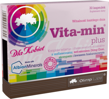 Różowe opakowanie suplementu Vita-min plus Dla Kobiet z Albion Minerals, widok z przodu, logo Olimp Labs.