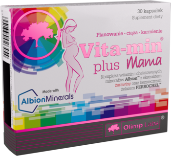 Front opakowania Vita-min plus Mama, suplementy dla kobiet w ciąży, różowe z sylwetką kobiety i drzewem.